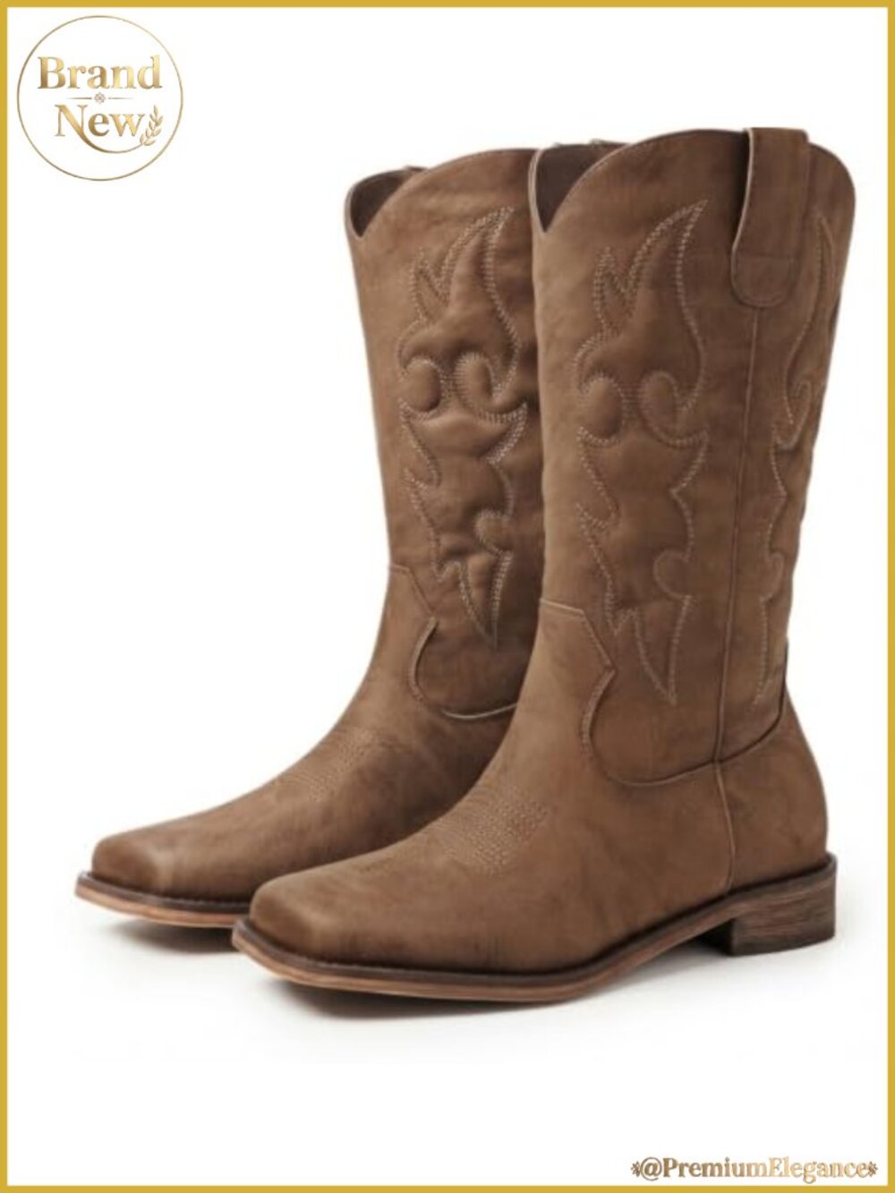 Square Toe Mid Calf Western Cowboy Boots Women Pull On Chunky Heel